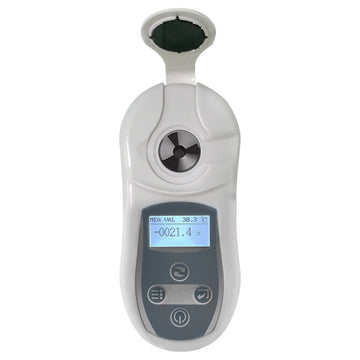 Front view of the digital salinity meter showing the LCD screen and measurement prism.